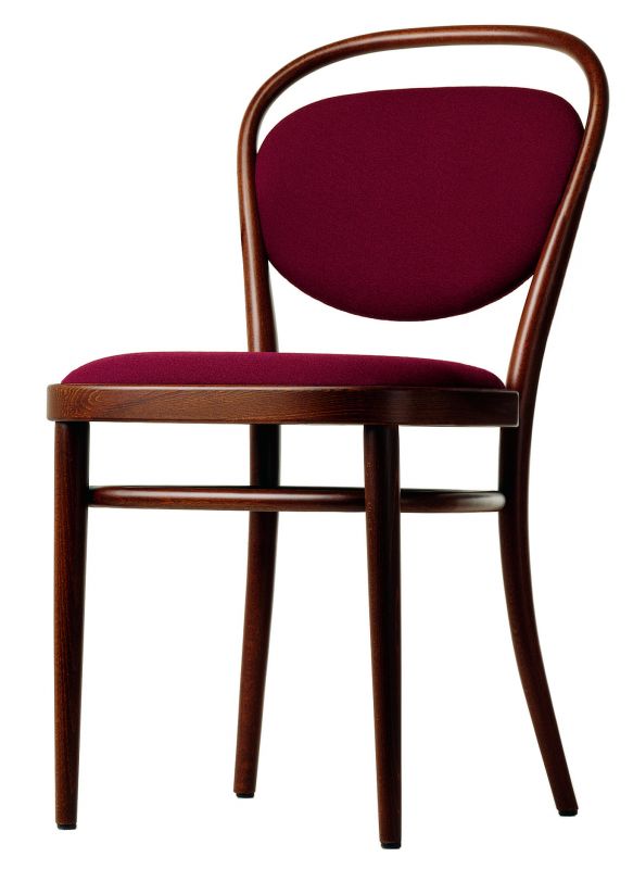 Bild eines 215 P Bugholzstuhls im Thonet-Stil mit bordeauxroter Polsterung für Kaffeehaus oder Gastronomie.
